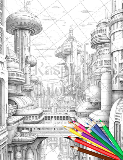50 Futuristic Metropolis Grayscale Coloring Pages Printable for Adults, PDF File Instant Download