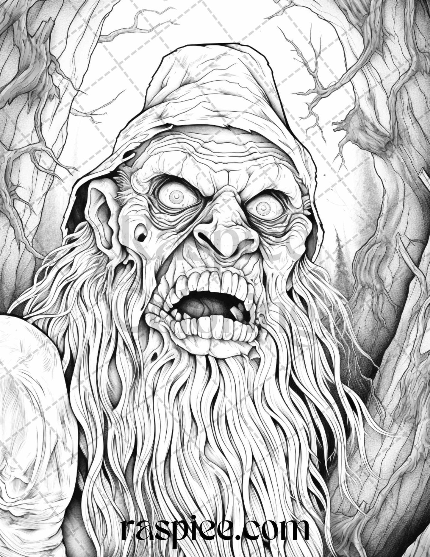 50 Horror Zombie Gnomes Grayscale Coloring Pages Printable for Adults, PDF File Instant Download