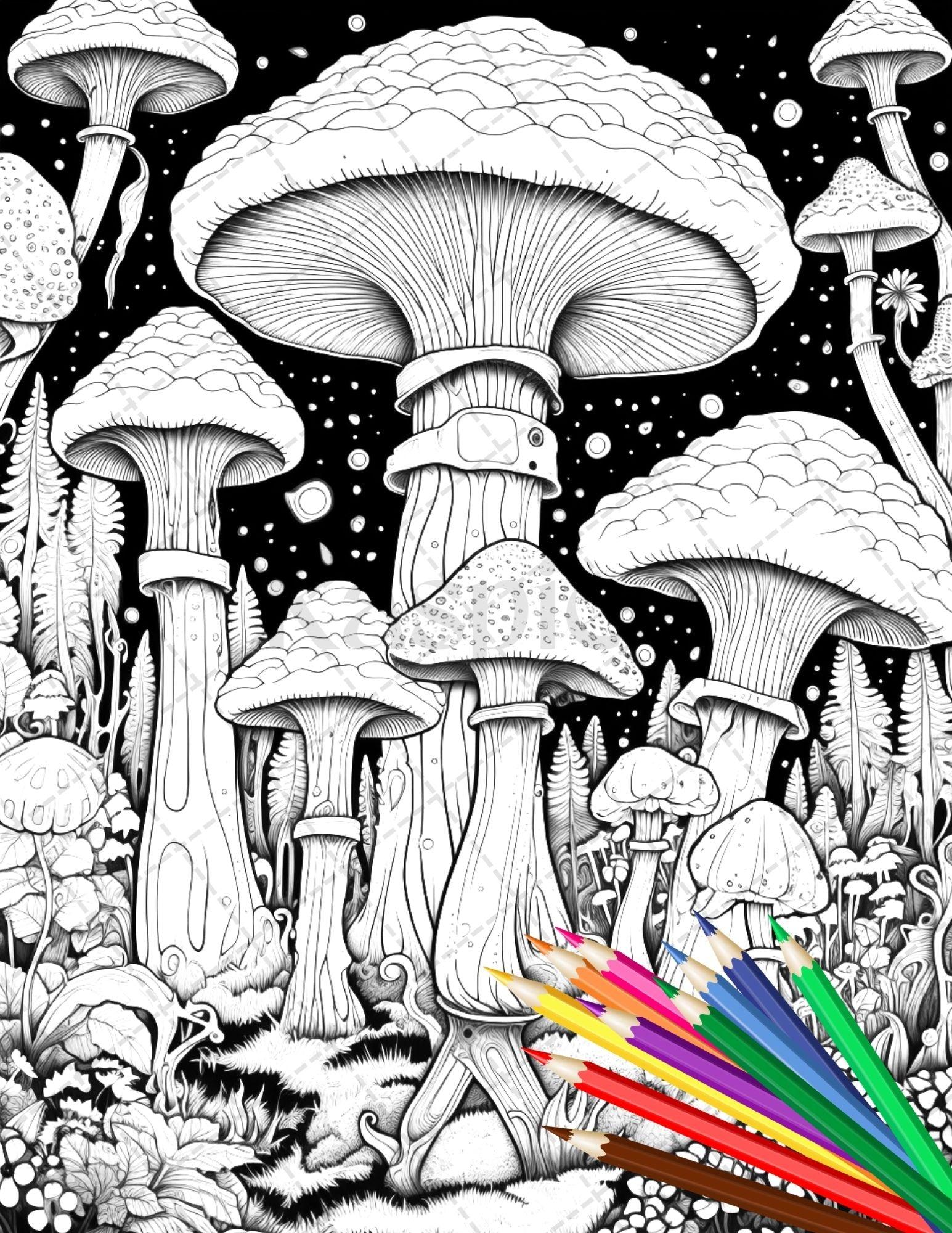 Psychedelic Mushroom Forest Coloring Book Printable for Adults, Trippy Grayscale Coloring Page, PDF File Instant Download