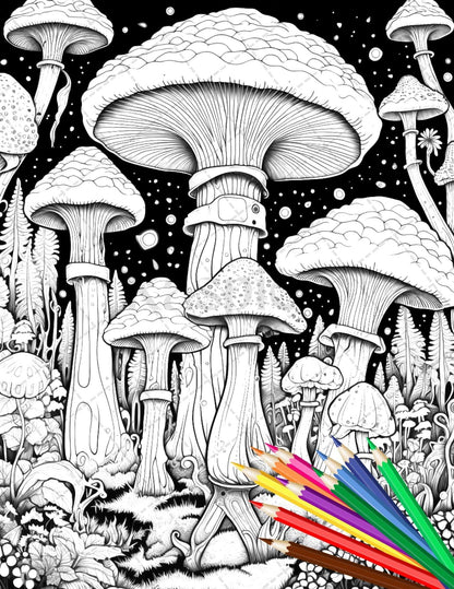 Psychedelic Mushroom Forest Coloring Book Printable for Adults, Trippy Grayscale Coloring Page, PDF File Instant Download