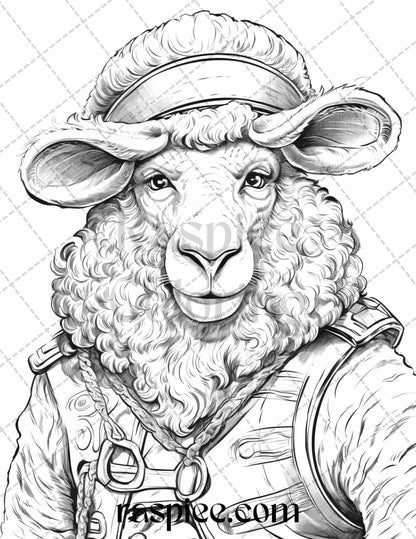 40 Pirate Animals Grayscale Coloring Pages Printable for Adults, PDF File Instant Download