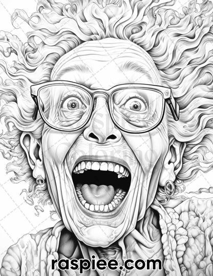 50 Funny Grandma Grayscale Coloring Pages for Adults, Printable PDF Instant Download