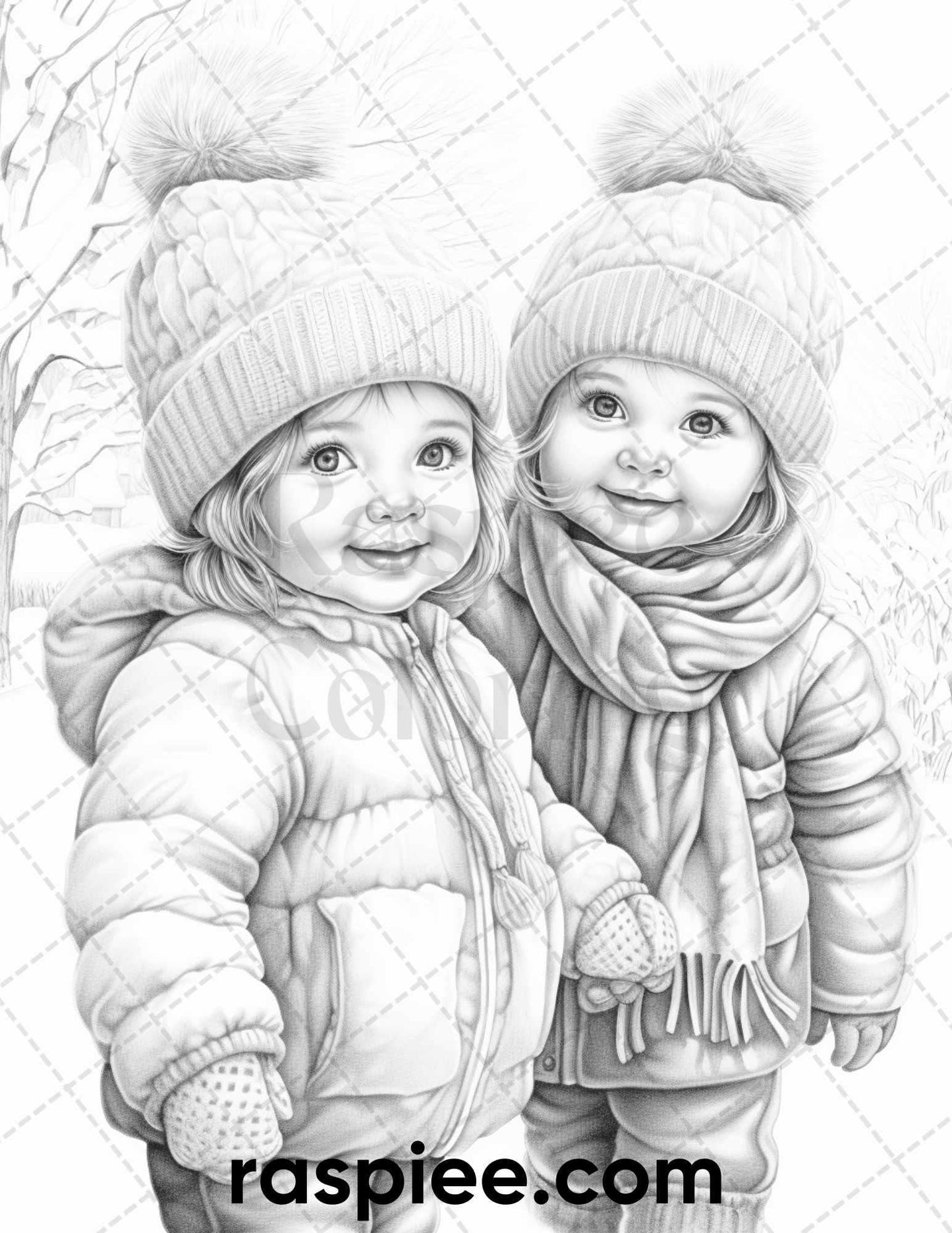 50 Baby Winter Portrait Grayscale Coloring Pages Printable for Adults, PDF File Instant Download