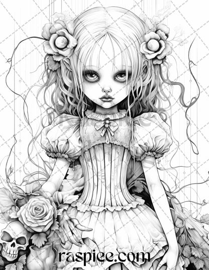 50 Scary Victorian Dolls Grayscale Coloring Pages Printable for Adults, PDF File Instant Download