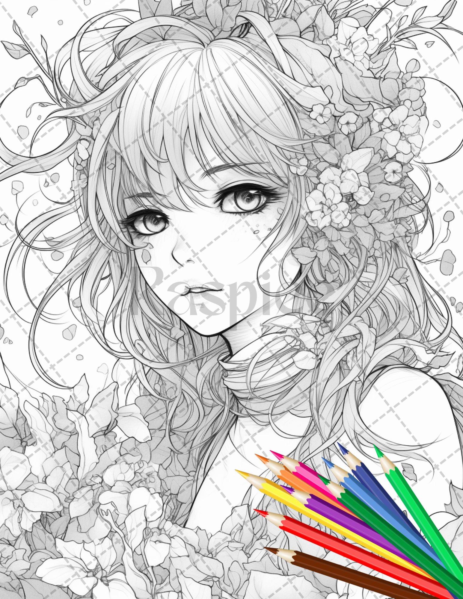 32 Anime Fairy Girl Printable Coloring Pages for Adults, Cute Fairy Grayscale Coloring Book, Printable PDF File Download