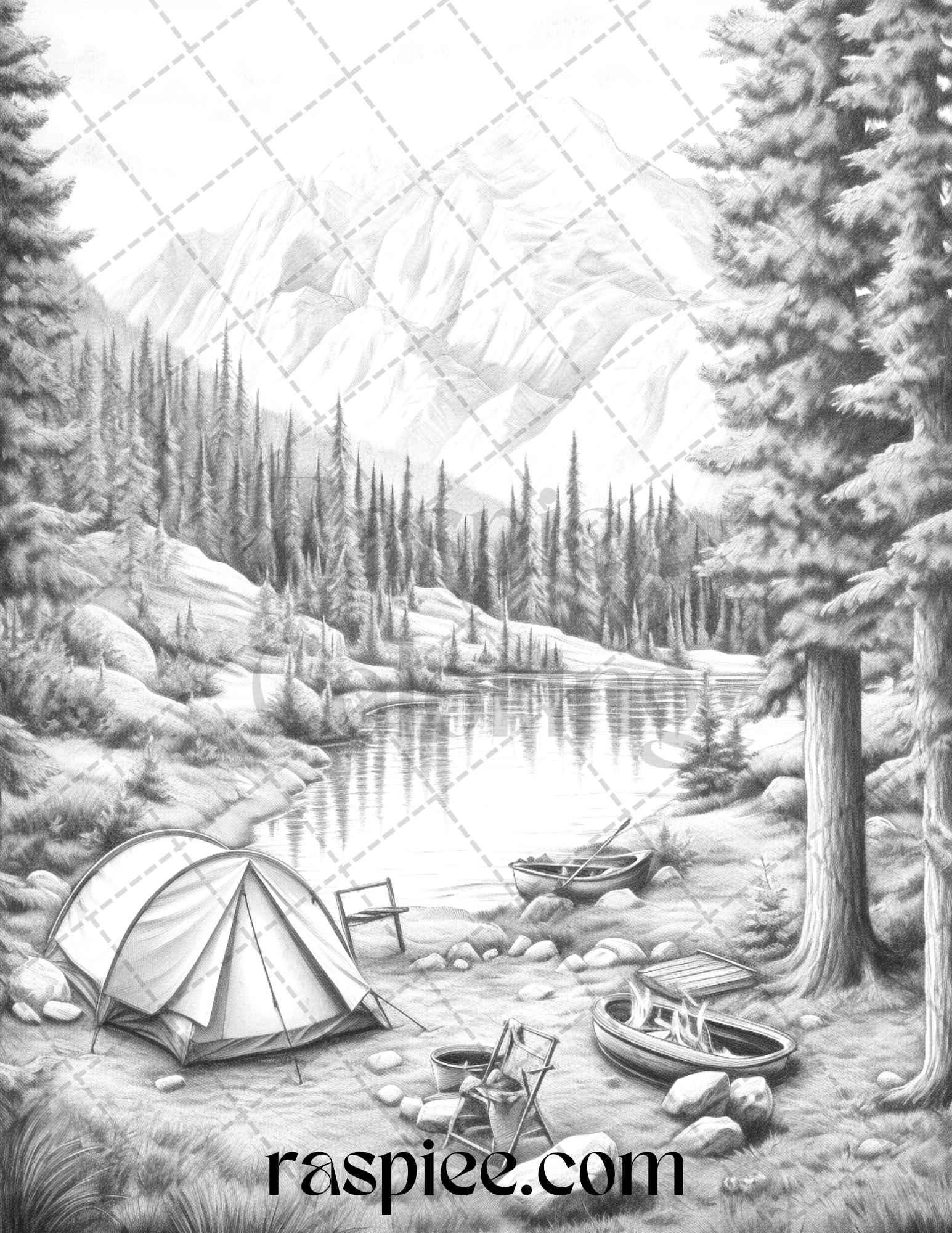 Nature Camping Grayscale Coloring Pages Printable, Relaxing Outdoor Scenes, PDF File Instant Download