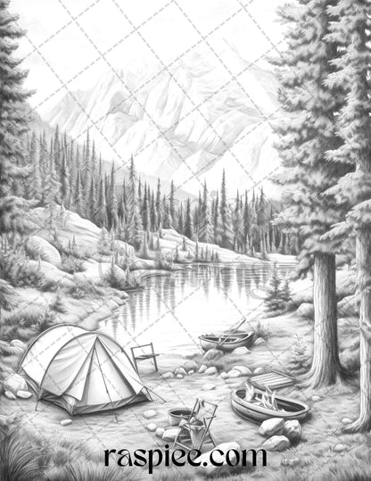 Nature Camping Grayscale Coloring Pages Printable, Relaxing Outdoor Scenes, PDF File Instant Download