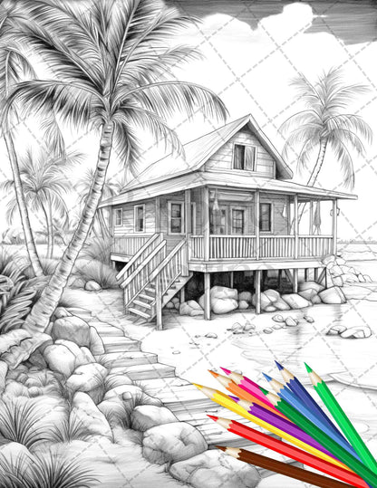Beautiful Tropical Beach Grayscale Coloring Pages Printable for Adults, PDF File Instant Download