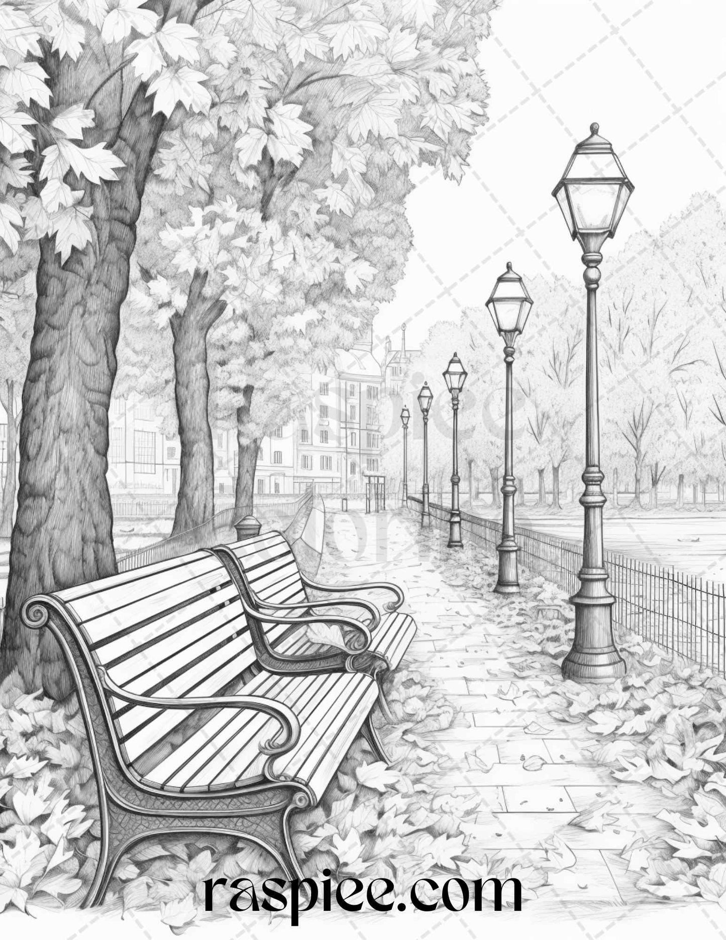 Autumn Scenery Grayscale Coloring Pages Printable for Adults, PDF File Instant Download