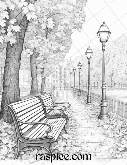 Autumn Scenery Grayscale Coloring Pages Printable for Adults, PDF File Instant Download
