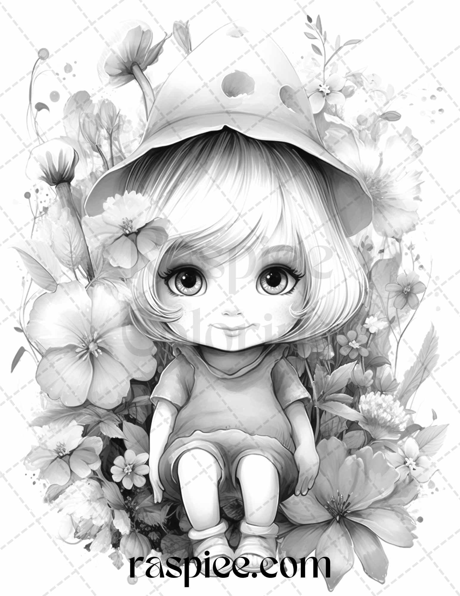 50 Flower Gnomes Grayscale Coloring Pages Printable for Adults Kids, PDF File Instant Download