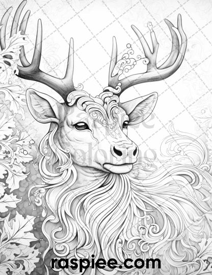 60 Merry Christmas Grayscale Coloring Pages Printable for Adult, Holiday Relaxation Art, PDF File Instant Download
