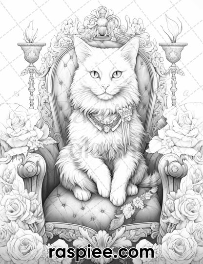 50 Royal King Cat Grayscale Coloring Pages for Adults, Printable PDF Instant Download