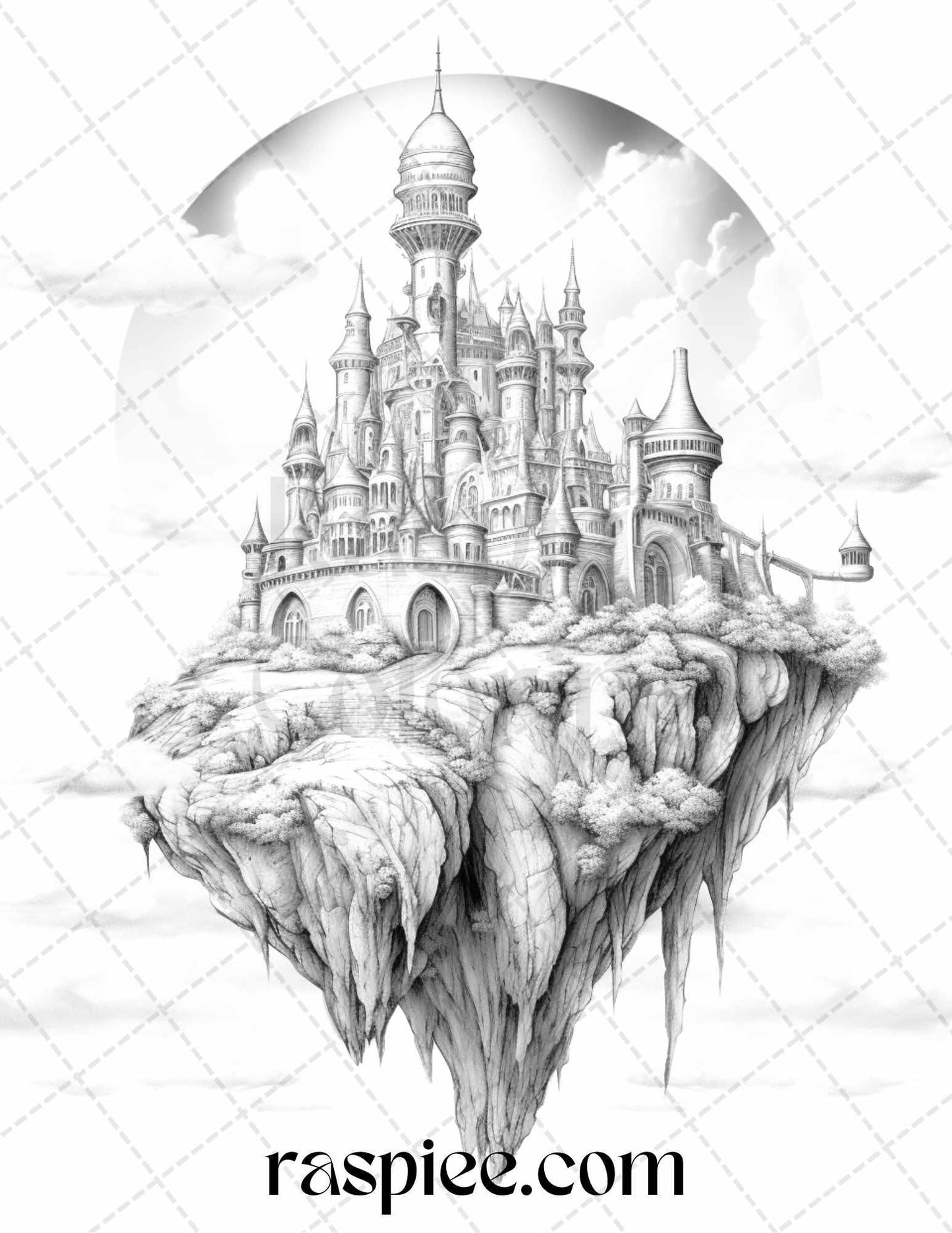 Floating Castle in the Sky Grayscale Coloring Pages for Adults, Printable PDF File Instant Download