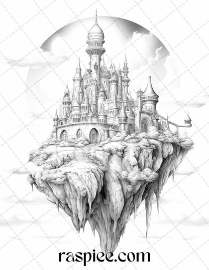 Floating Castle in the Sky Grayscale Coloring Pages for Adults, Printable PDF File Instant Download
