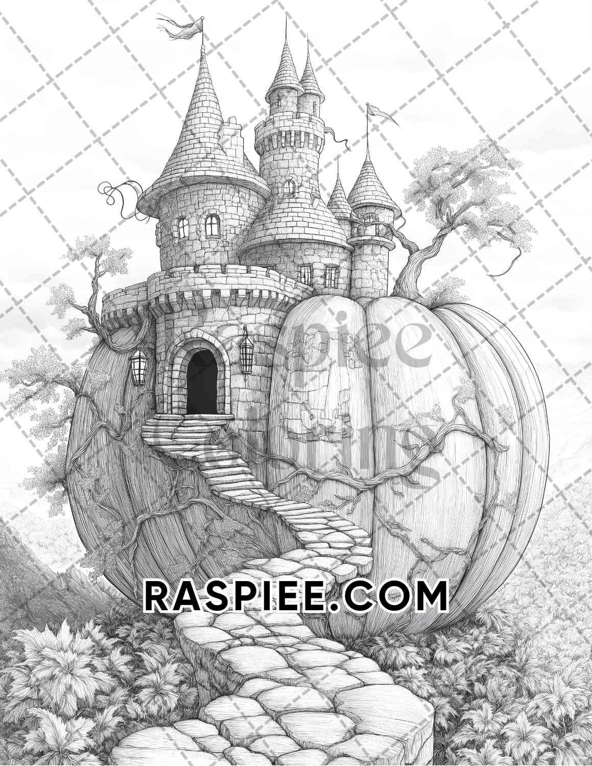 Fantasy Giant Pumpkin Castles Adult Coloring Pages Printable PDF Instant Download