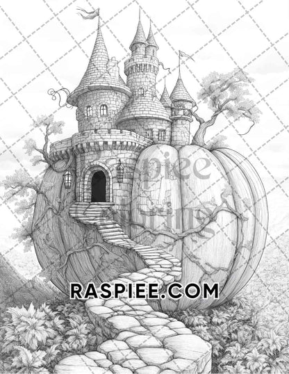Fantasy Giant Pumpkin Castles Adult Coloring Pages Printable PDF Instant Download
