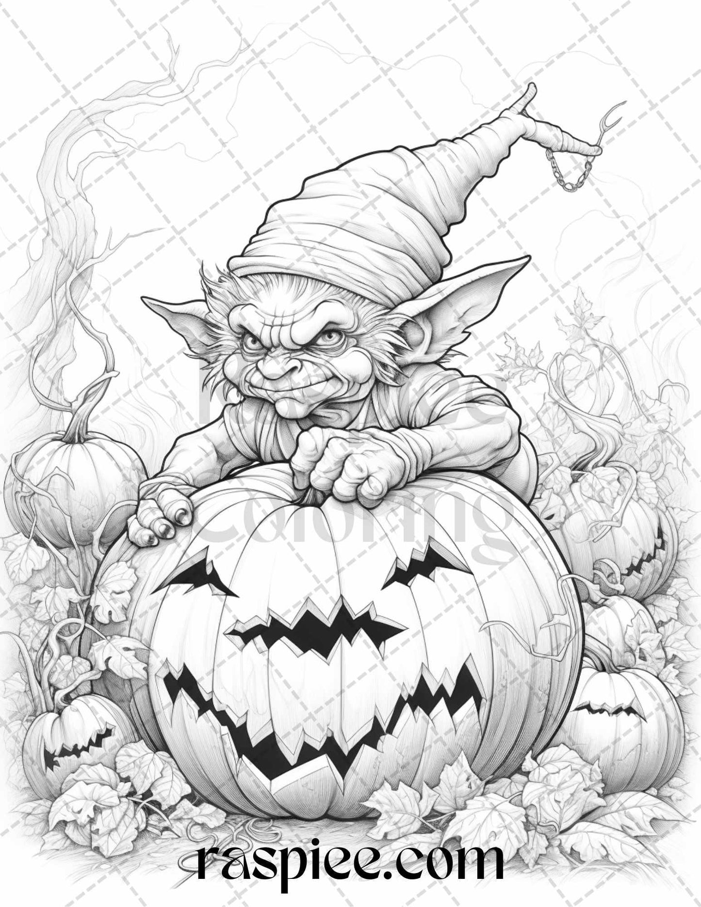 50 Halloween Goblin Grayscale Coloring Pages Printable for Adults, PDF File Instant Download
