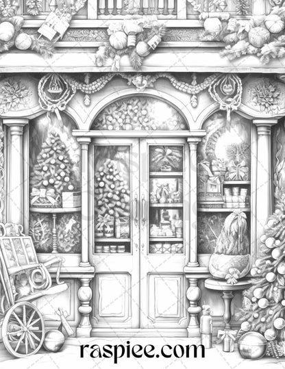 Christmas Store Front Grayscale Coloring Pages for Adults, PDF Printable Instant Download