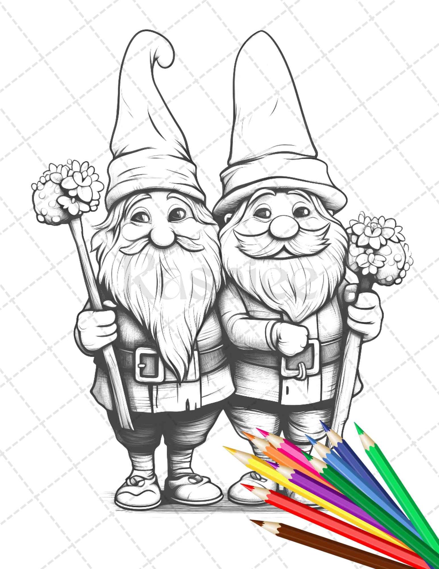 33 Gnome Love Coloring Pages Printable for Adults, Grayscale Coloring Page, PDF File Instant Download