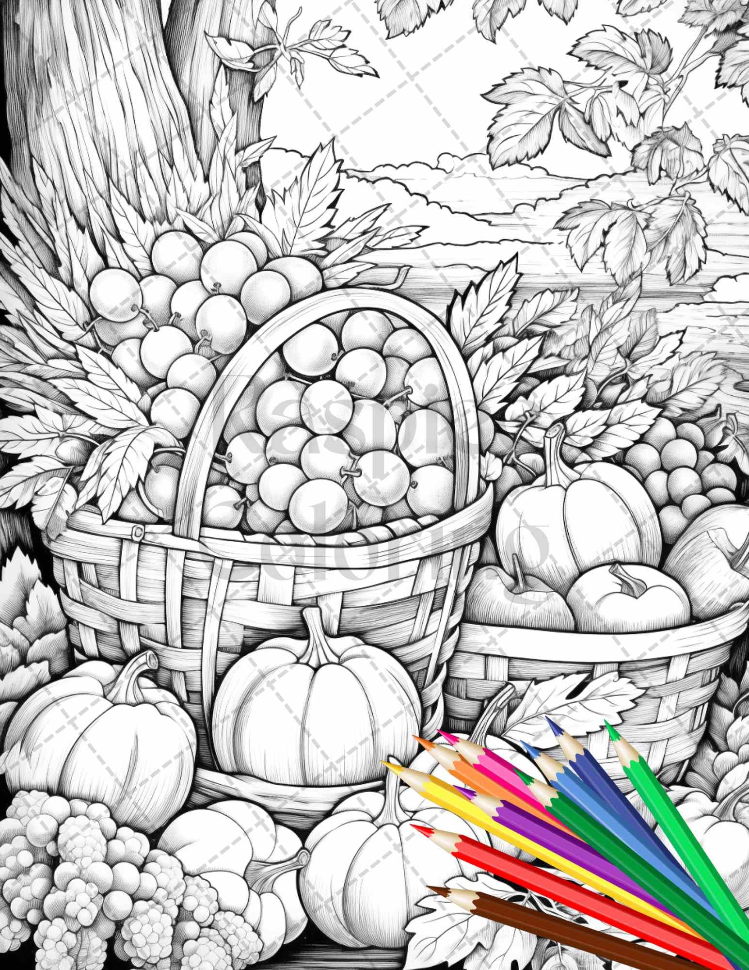 Autumn Harvest Grayscale Coloring Pages Printable for Adults, Relaxing Fall Themed Art, PDF File Instant Download