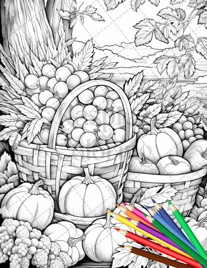 Autumn Harvest Grayscale Coloring Pages Printable for Adults, Relaxing Fall Themed Art, PDF File Instant Download