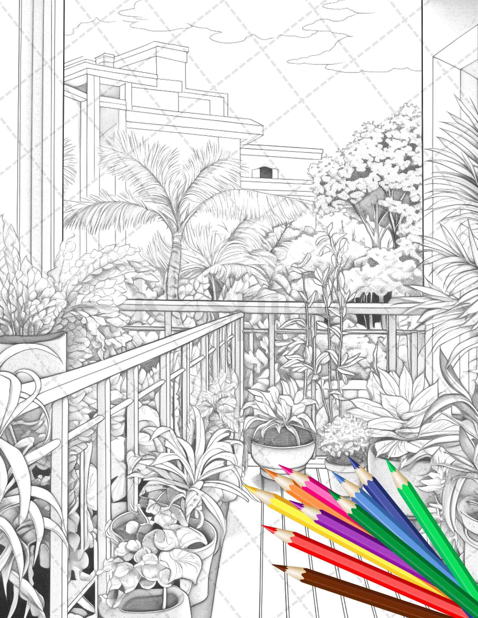Charming Balcony Garden Grayscale Coloring Pages Printable for Adults, PDF File Instant Download