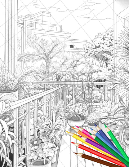 Charming Balcony Garden Grayscale Coloring Pages Printable for Adults, PDF File Instant Download