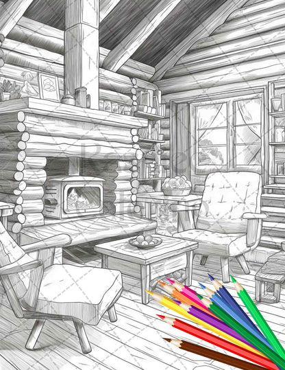 Cozy Cabin Interior Grayscale Coloring Pages Printable for Adults, PDF File Instant Download