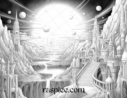 55 Celestial Landscapes Grayscale Coloring Pages Printable for Adults, PDF File Instant Download