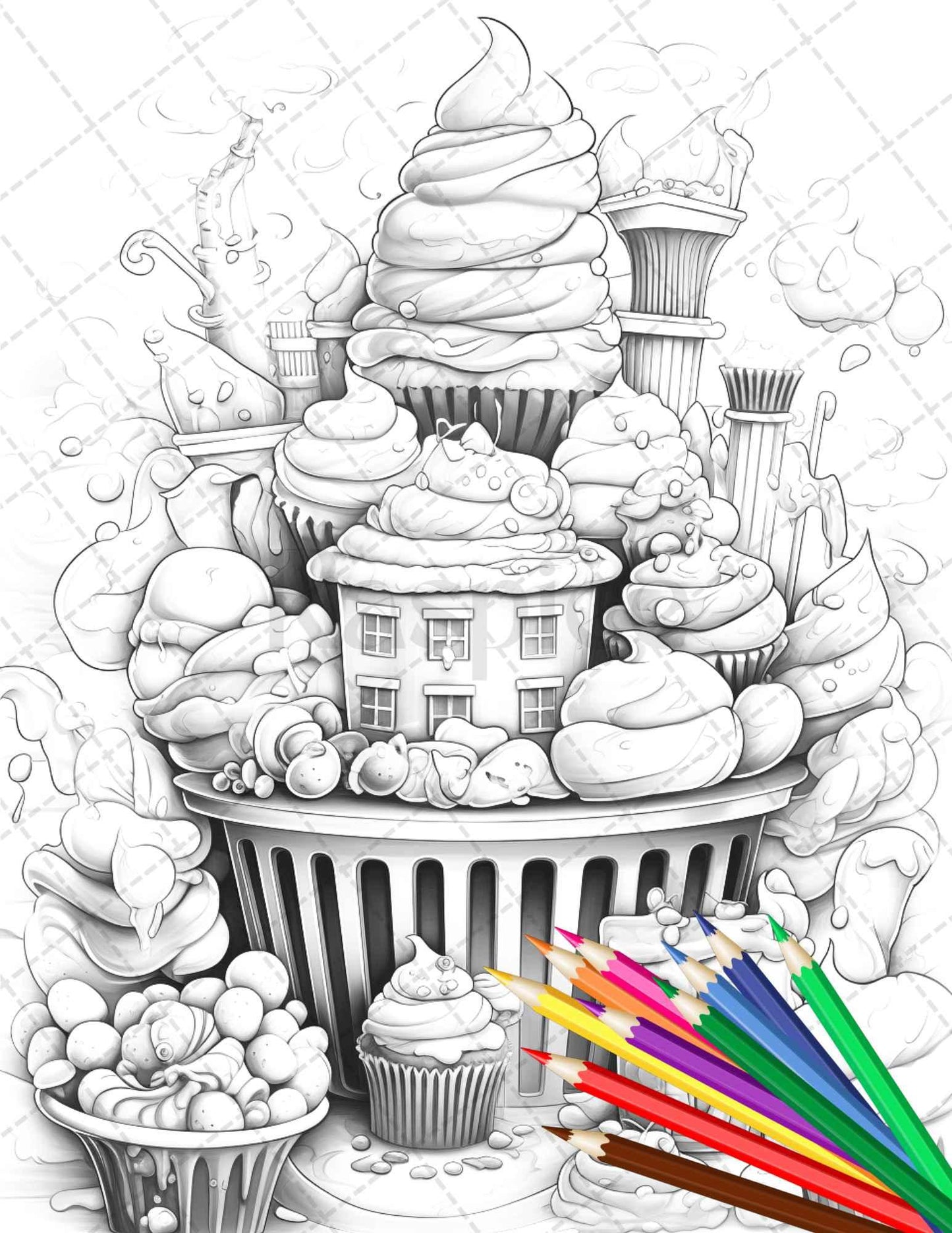 36 Sweet Desserts Coloring Pages Printable for Adults, Grayscale Coloring Page, PDF File Instant Download
