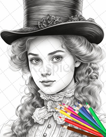 36 Beautiful Victorian Girls Coloring Pages Printable for Adults, Grayscale Coloring Page, PDF File Instant Download