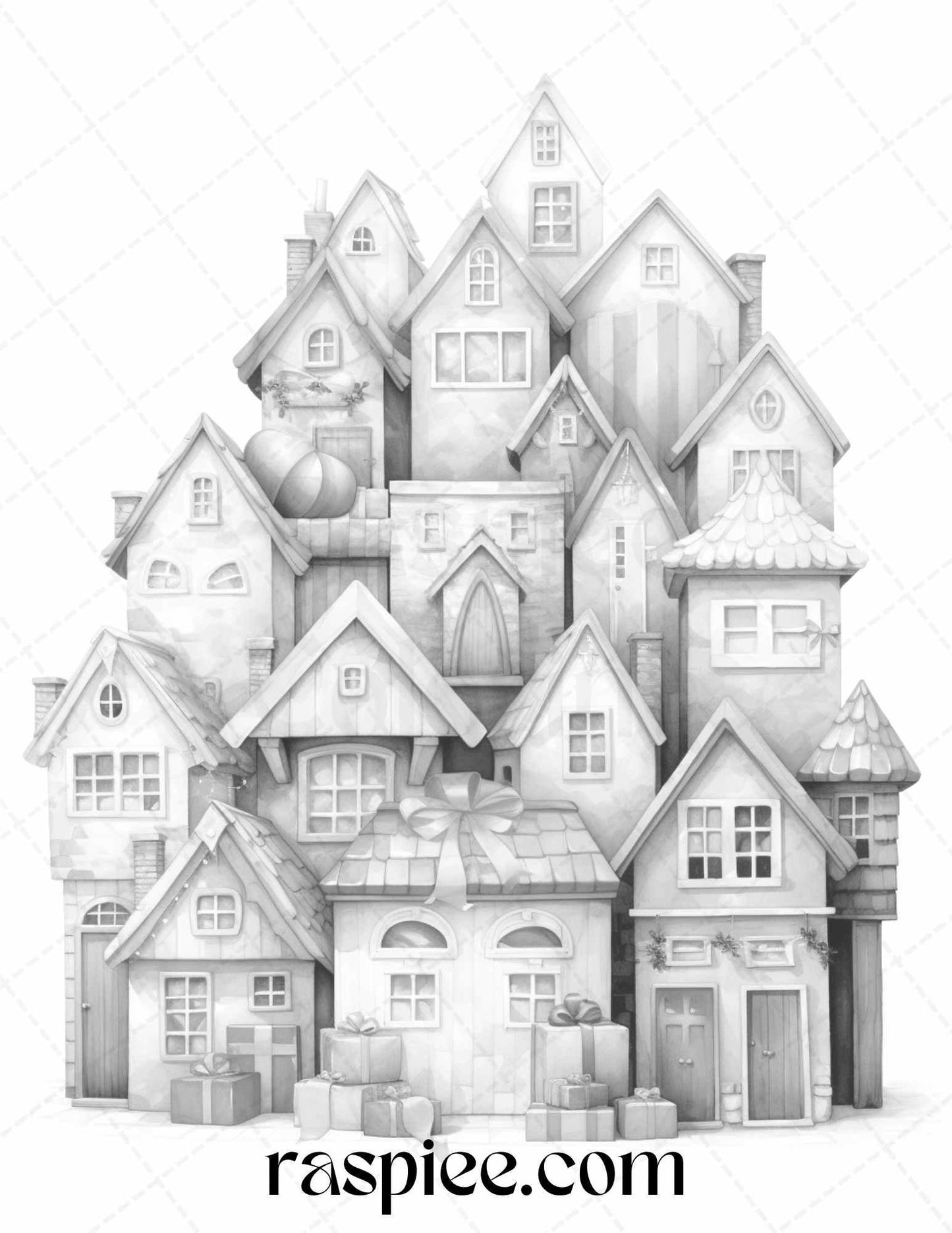 40 Adorable Gift Box Houses Grayscale Coloring Pages Printable for Adults Kids, PDF File Instant Download