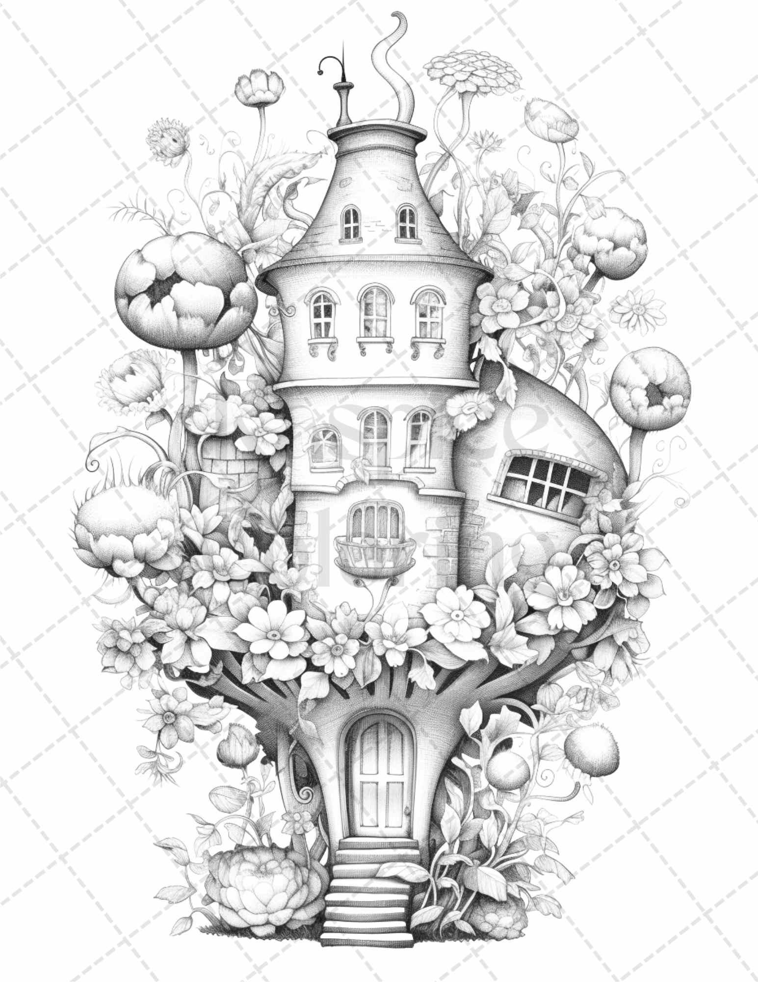 60 Flower Houses Grayscale Coloring Pages Printable for Adults, PDF File Instant Download