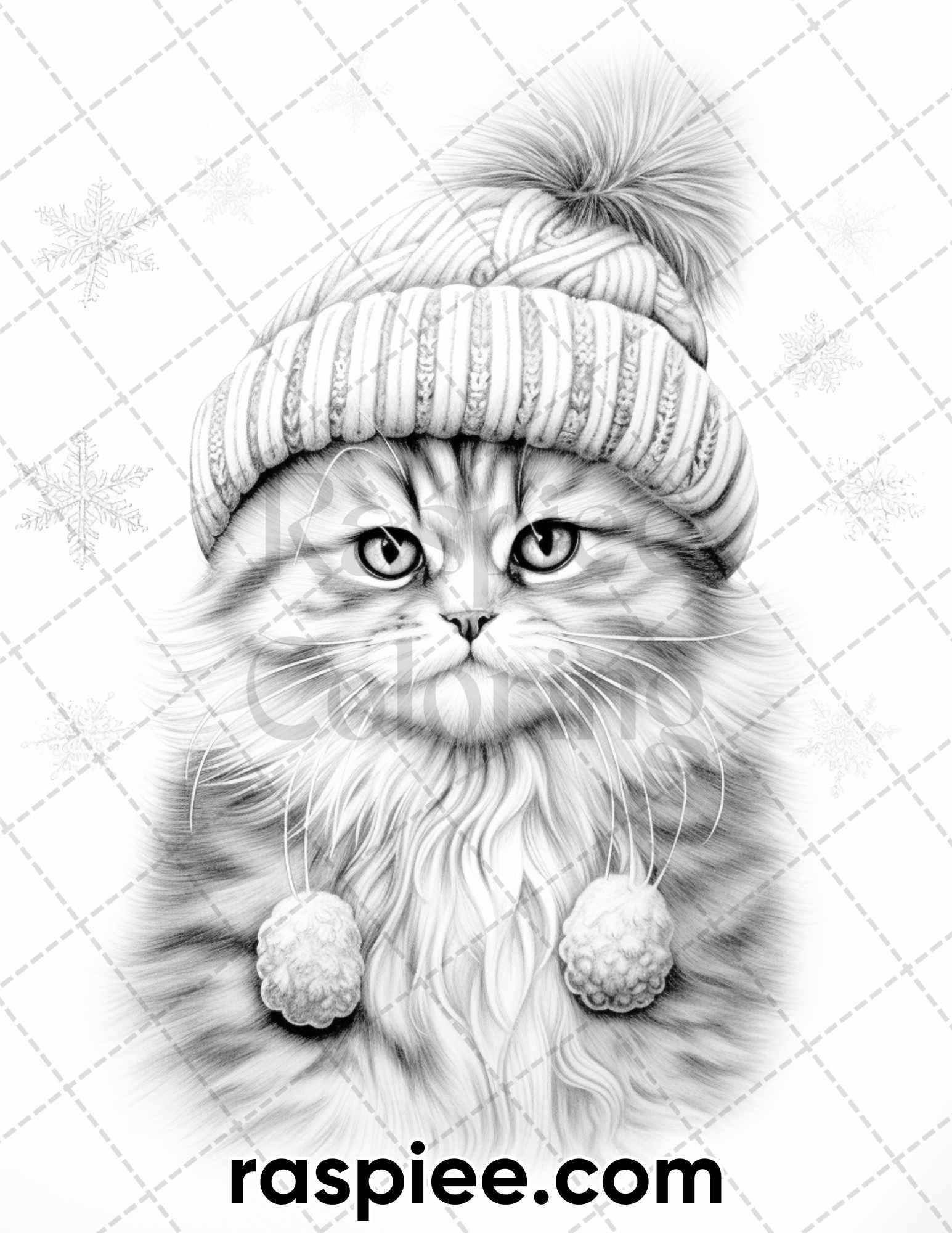 40 Christmas Cats Grayscale Coloring Pages for Adults, Printable PDF Instant Download