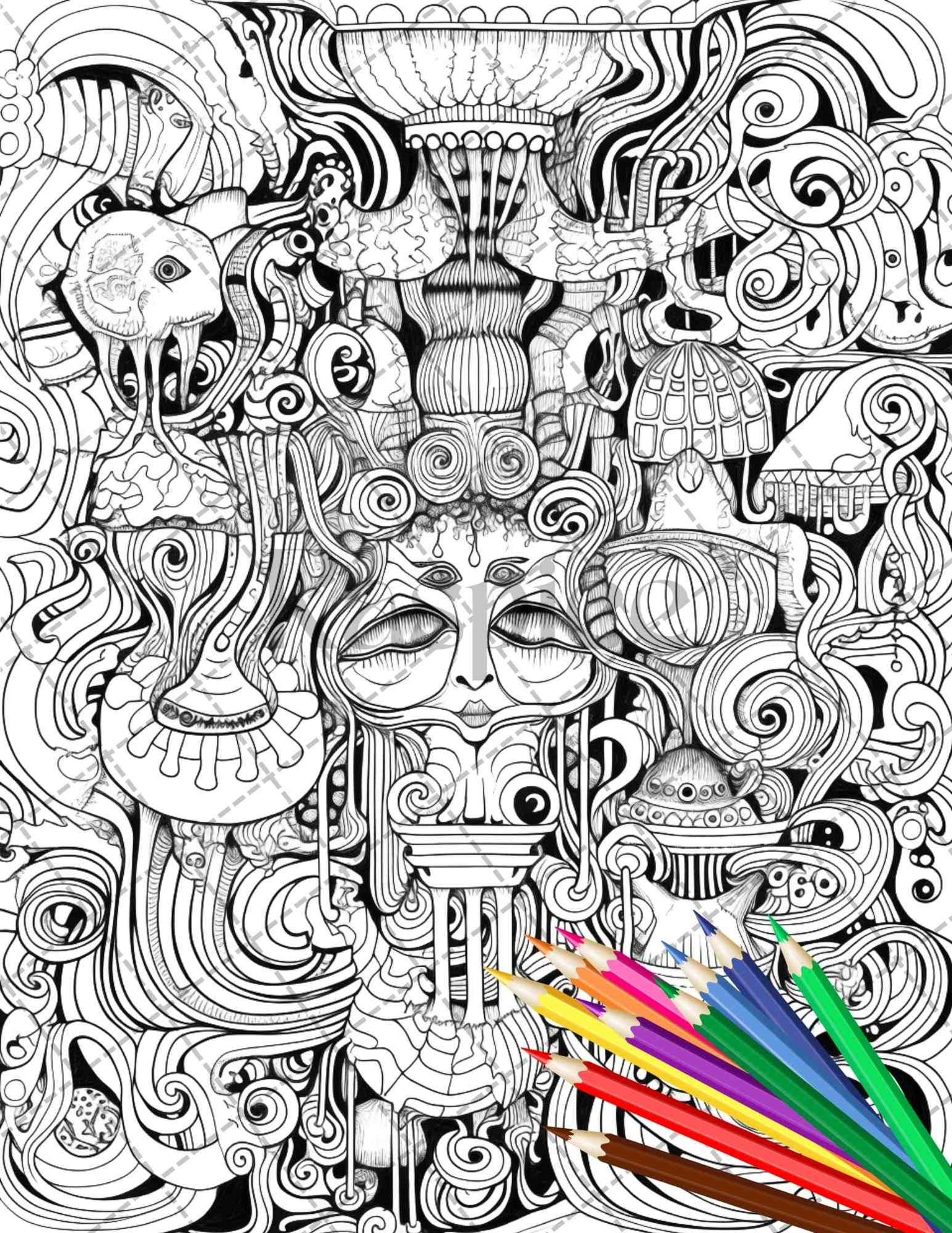Psychedelic Trippy Coloring Book Printable for Adults, Grayscale Coloring Page, PDF File Instant Download