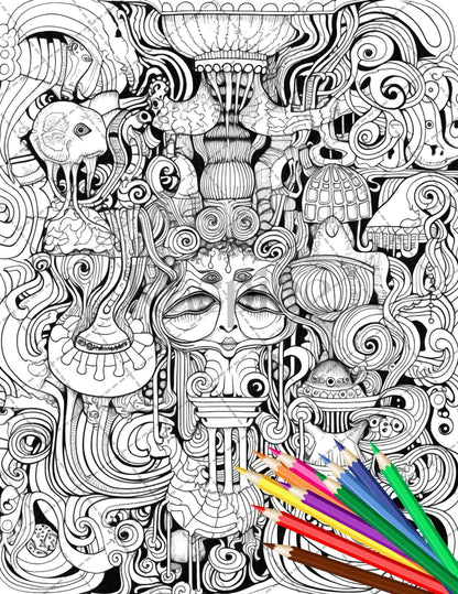 Psychedelic Trippy Coloring Book Printable for Adults, Grayscale Coloring Page, PDF File Instant Download
