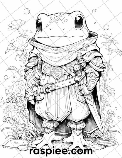 50 The Frog Kingdom Grayscale Coloring Pages for Adults, Printable PDF Instant Download