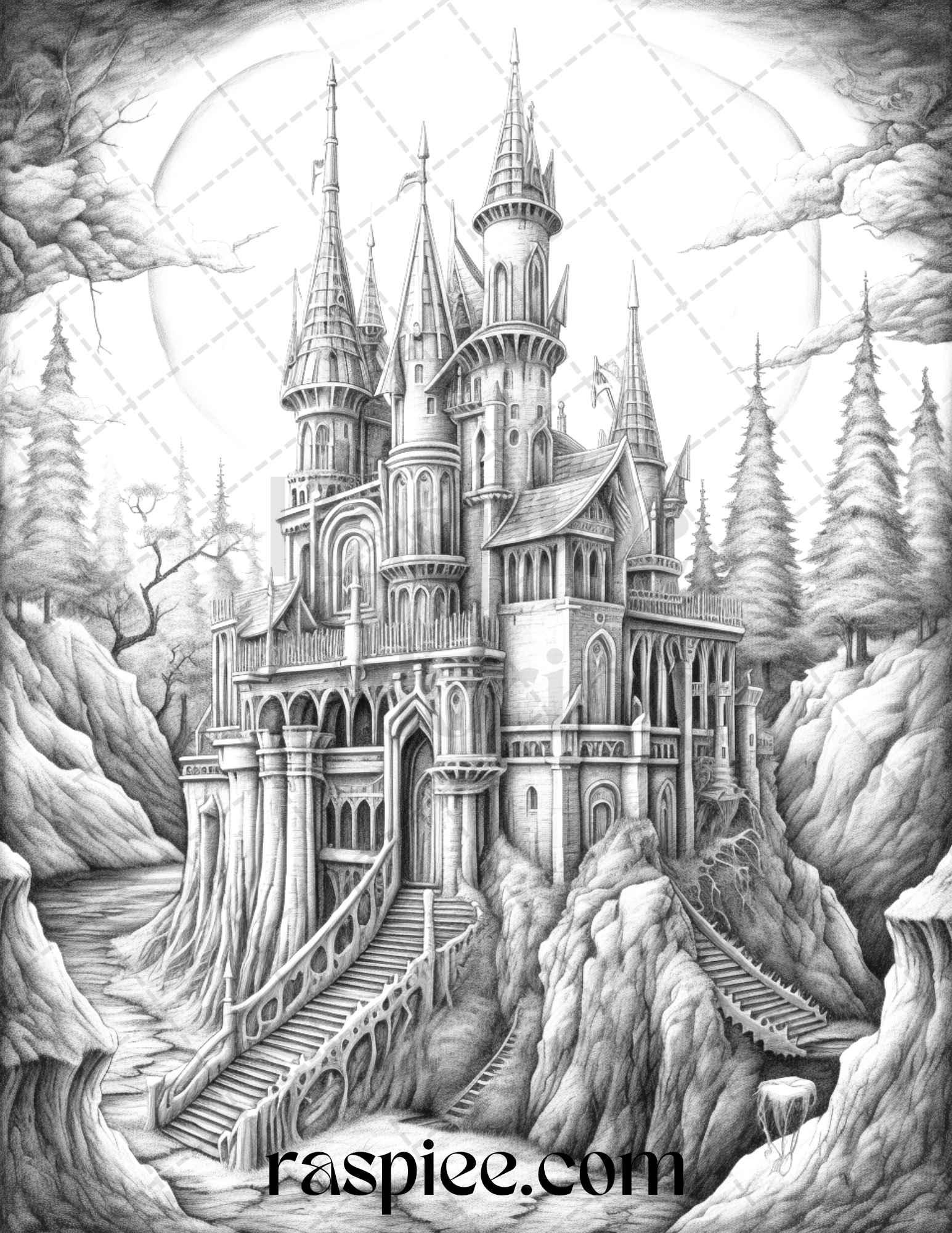 50 Haunted Castles Grayscale Coloring Pages Printable, Halloween Coloring Book, PDF File Instant Download