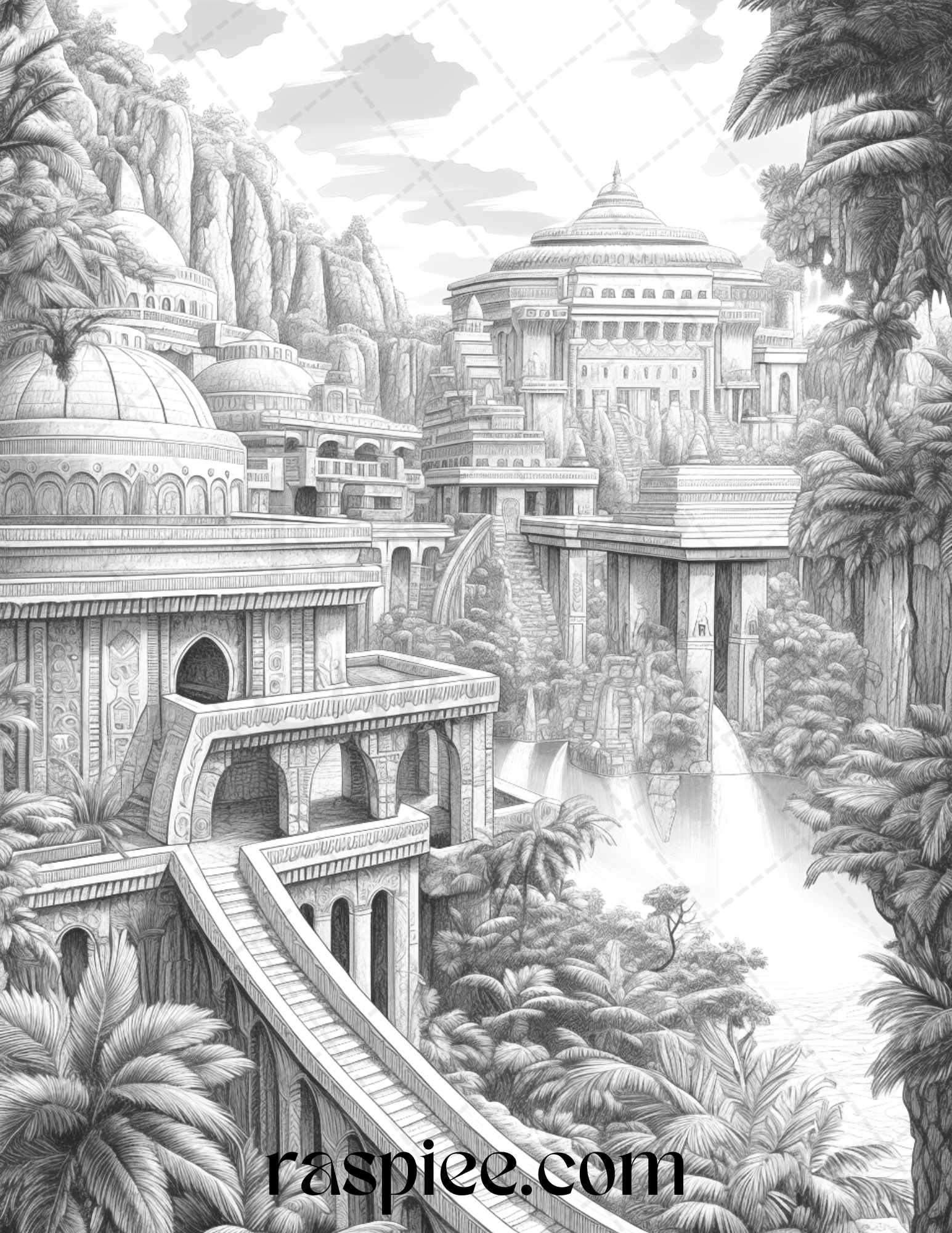 Hanging Gardens of Babylon Grayscale Coloring Pages Printable, PDF File Instant Download
