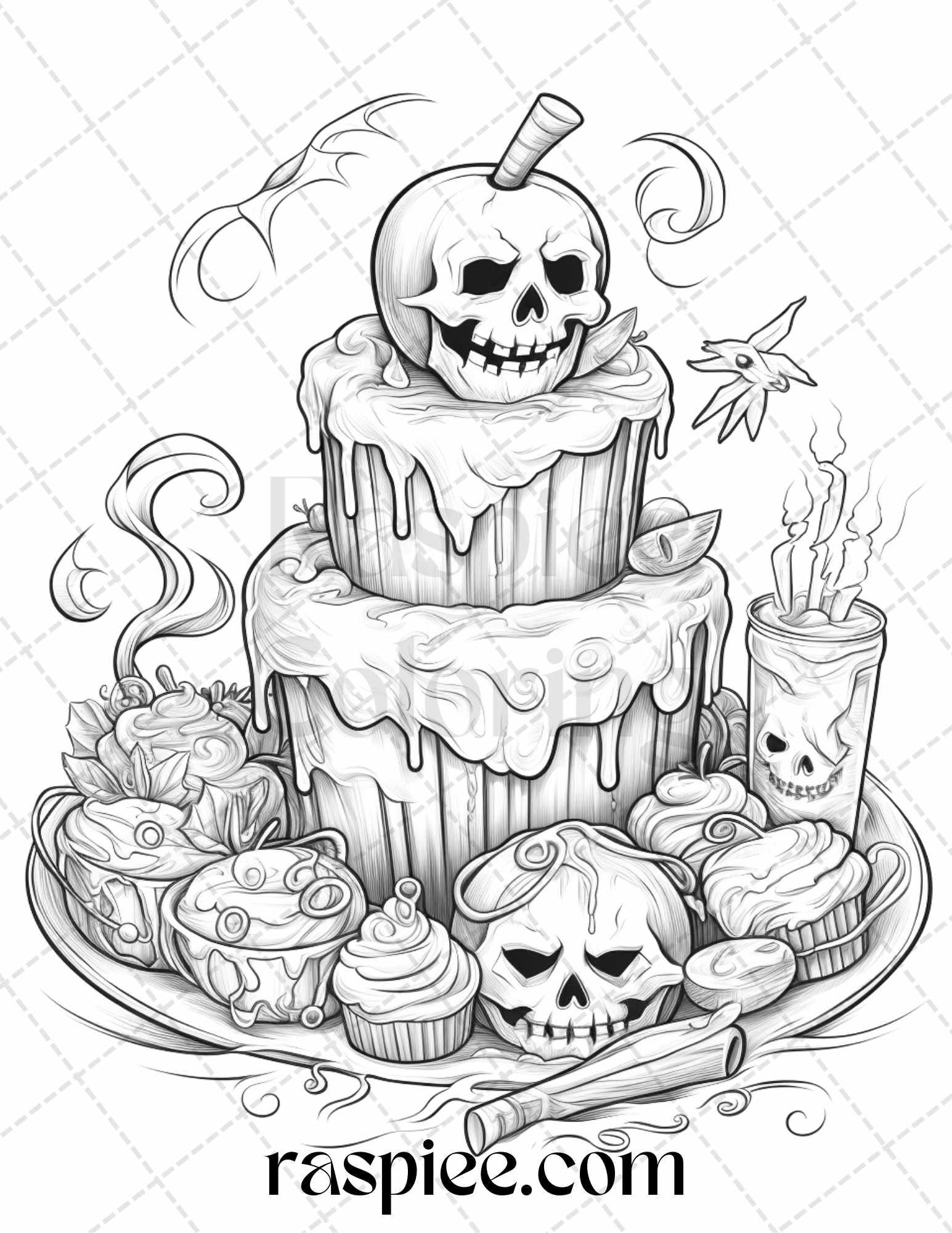 68 Halloween Spooky Desserts Grayscale Coloring Pages Printable for Adults, PDF File Instant Download