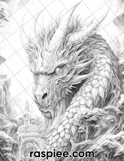 60 Mythical Creatures Grayscale Coloring Pages for Adults, Printable PDF Instant Download