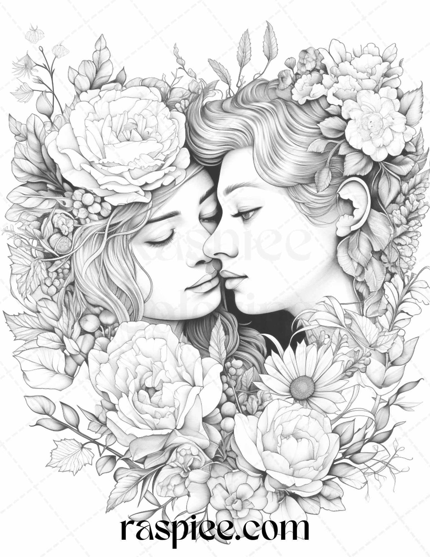 50 Romantic Couple Flowers Grayscale Coloring Pages Printable for Adults, PDF File Instant Download