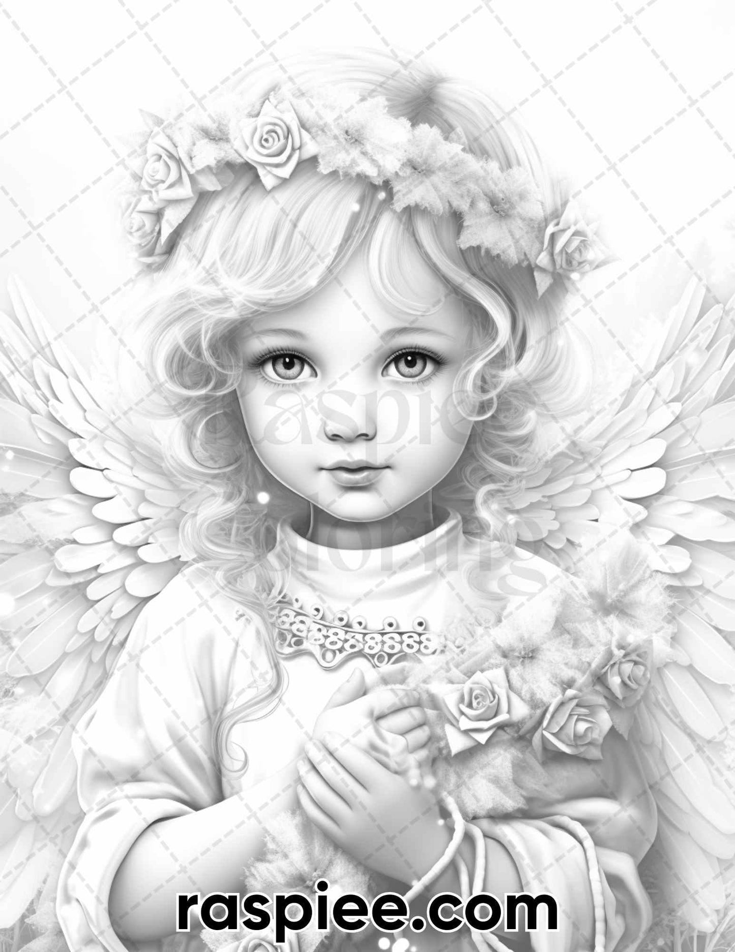 55 Christmas Angel Grayscale Coloring Pages for Adults, Printable PDF Instant Download