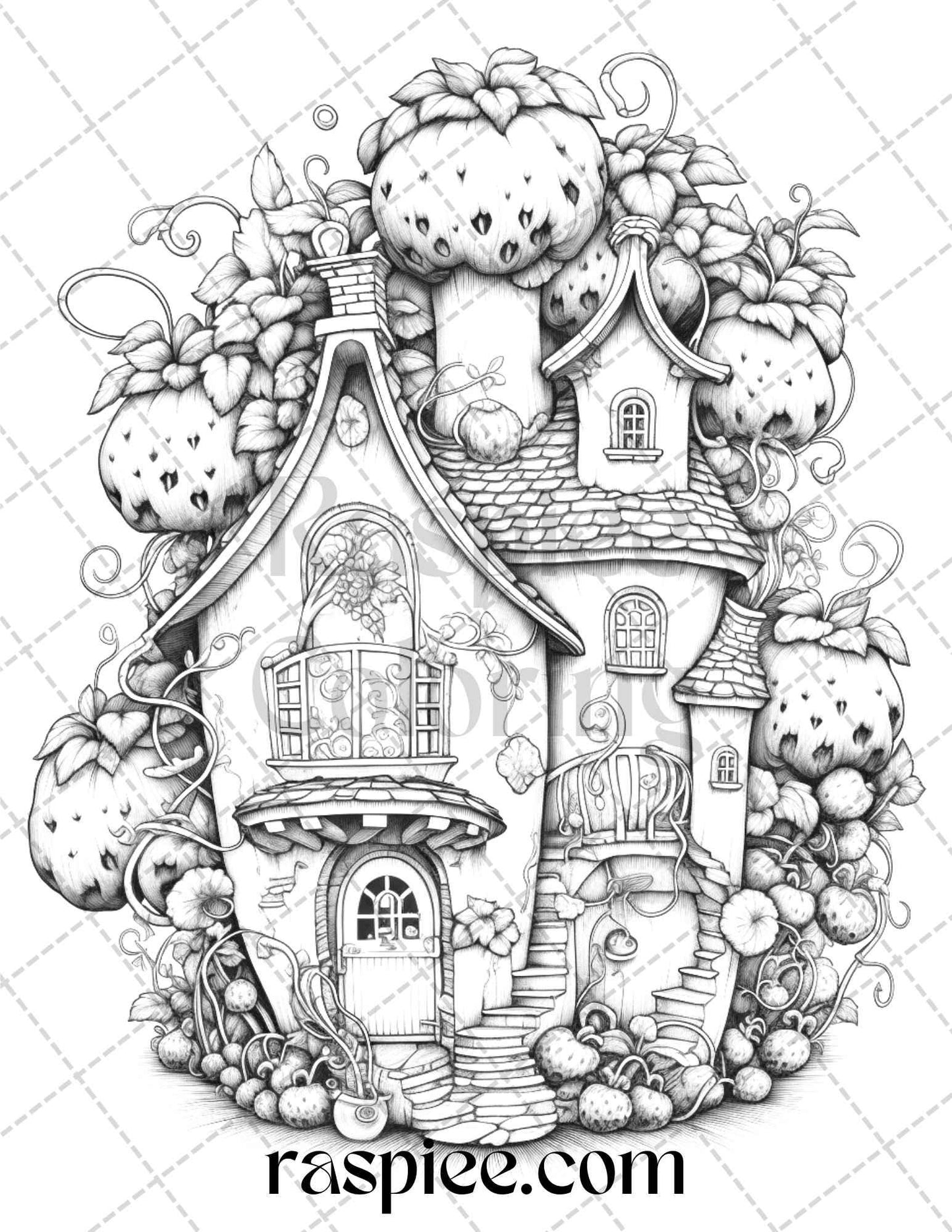 50 Strawberry Houses Grayscale Coloring Pages Printable for Adults Kids, PDF File Instant Download