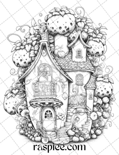 50 Strawberry Houses Grayscale Coloring Pages Printable for Adults Kids, PDF File Instant Download