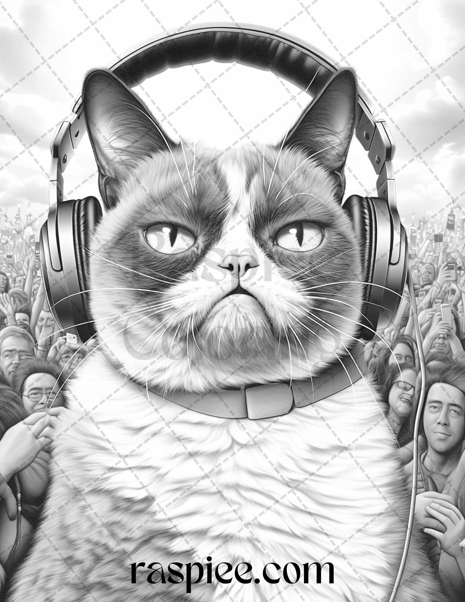 50 Grumpy Cat Grayscale Coloring Pages Printable for Adults, PDF File Instant Download
