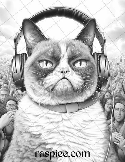 50 Grumpy Cat Grayscale Coloring Pages Printable for Adults, PDF File Instant Download