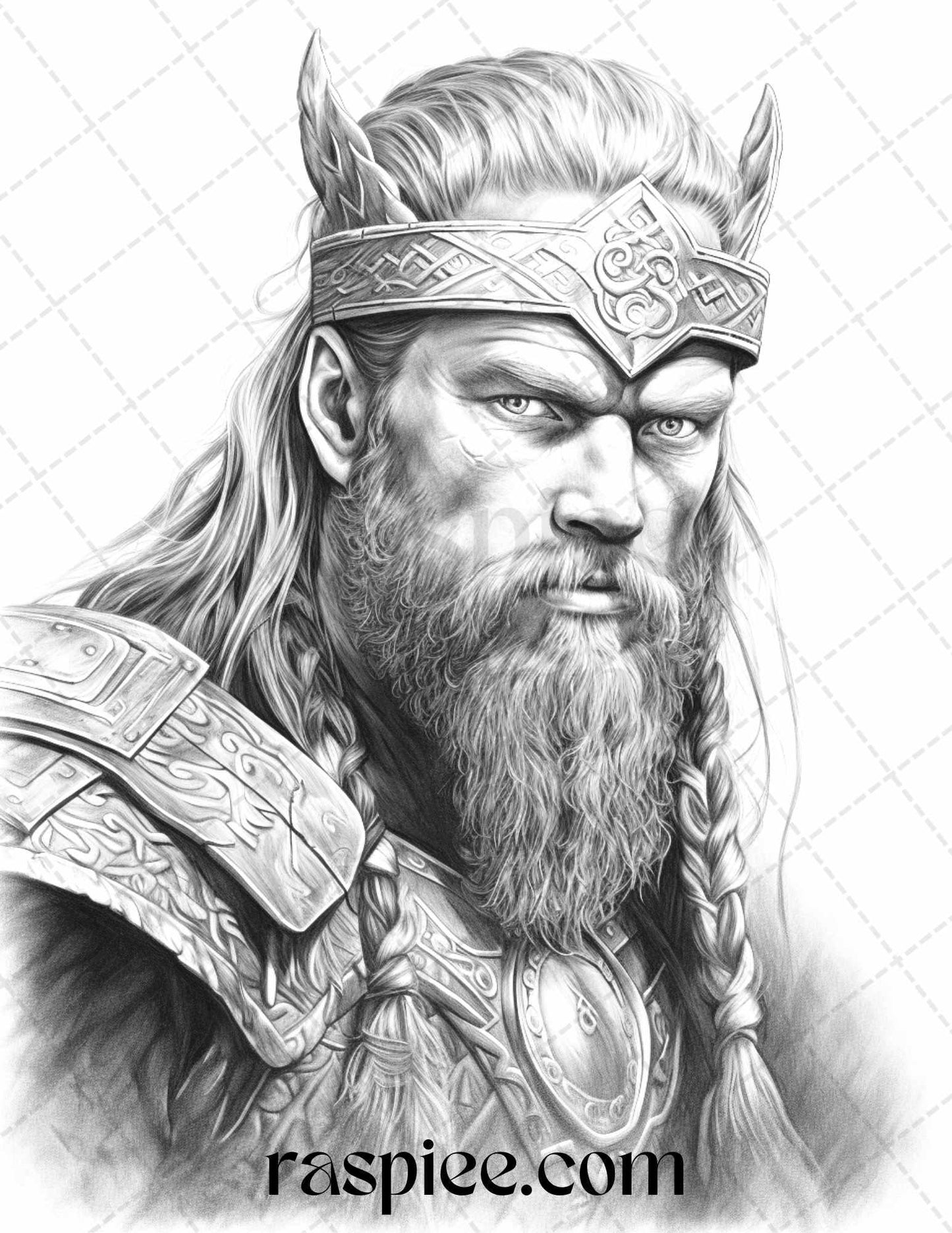 55 Viking Warriors Portrait Grayscale Coloring Pages Printable for Adults, PDF File Instant Download