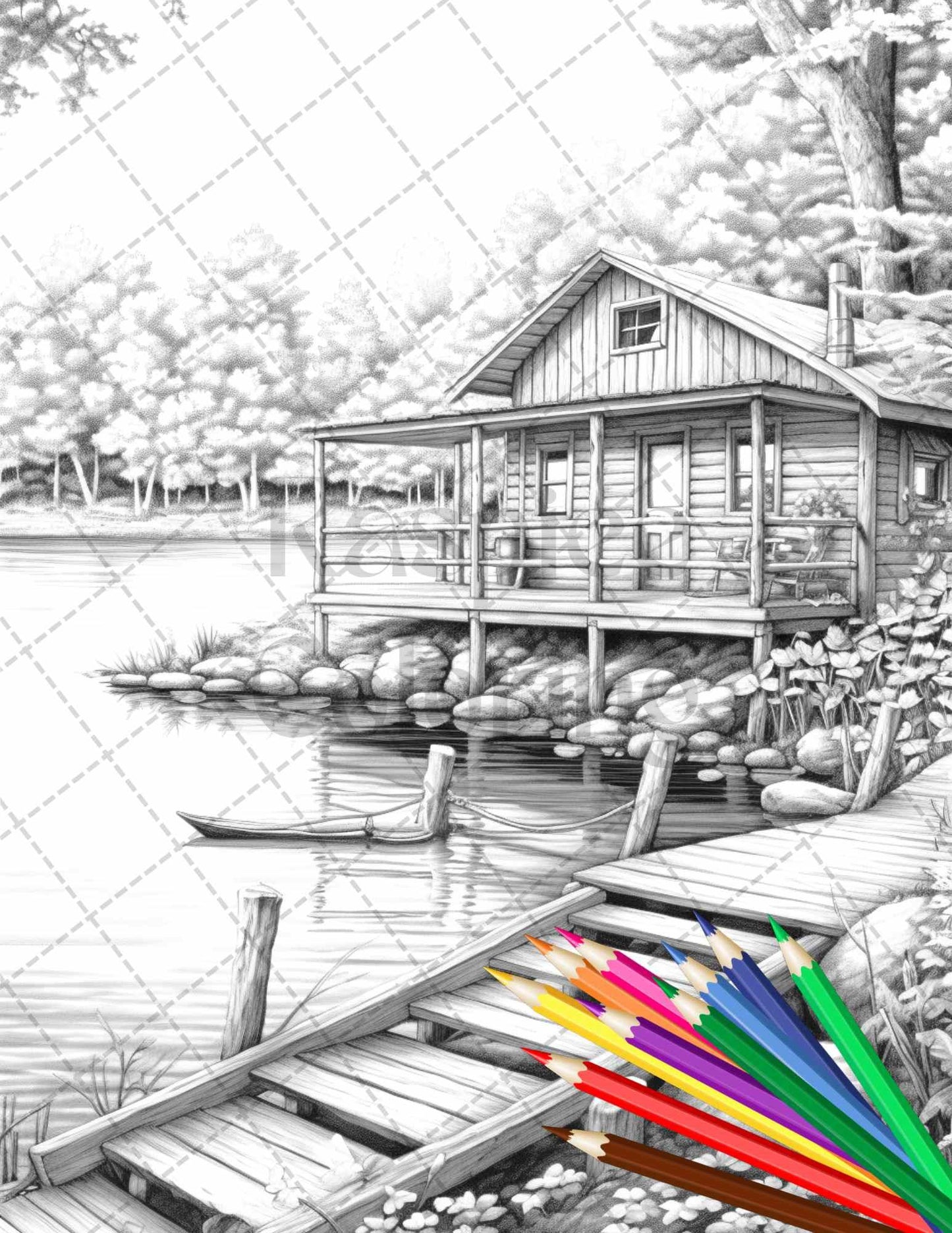 Lake Cabin Scenery Grayscale Coloring Pages Printable for Adults, PDF File Instant Download